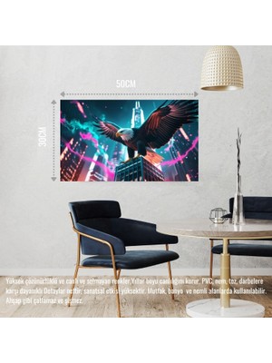 Kartal Fütüristik Bir Şehirde Neon Parıltı Stili 06 Çerçevesiz 50X30 cm Pvc Tablo