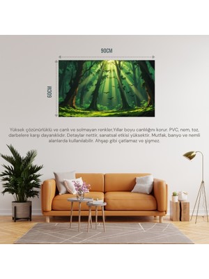 Doğa ve Manzara Yatay Ağaçlar Güneş Işıkları Derin Orman Yemyeşil Yosun Kaplı Zemin Uçan Kuşlar 04 Çerçevesiz 90X60CM Pvc Tablo