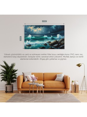 Doğa ve Manzara Yatay Kayalara Çarpan Güçlü Okyanus Dalgaları, Dramatik Gökyüzü 01 Çerçevesiz 90X60CM Pvc Tablo