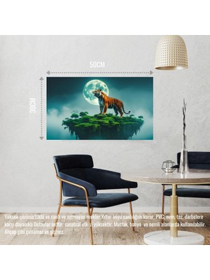 Kaplan Yüzden Adada Aya Kükrüyor 06 Çerçevesiz 50X30 cm Pvc Tablo