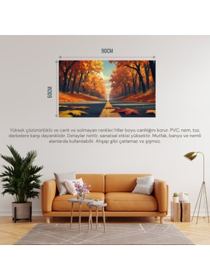 Doğa ve Manzara Yatay Sonbahar Ağaçlarının Arasında Ufka Doğru Uzanan Yalnız Yol 03 Çerçevesiz 90X60CM Pvc Tablo