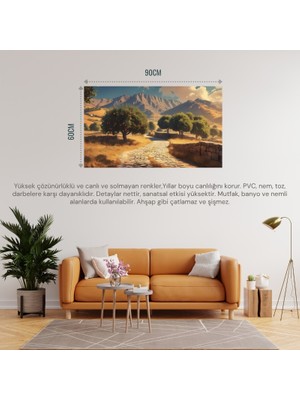 Doğa ve Manzara Yatay Arnavut Kaldırımlı Yol Meyve Ağaçları, Dağlar 03 Çerçevesiz 90X60CM Pvc Tablo