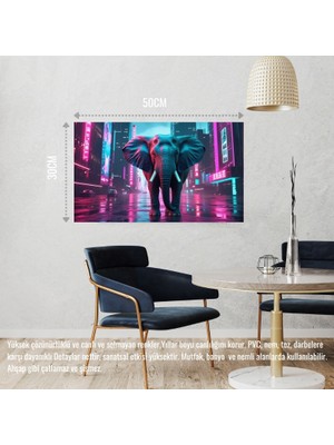 Siber Punk Dünyasında Heybetli Duran Fil Neon Işıklar Altında 03 Çerçevesiz 50X30 cm Pvc Tablo
