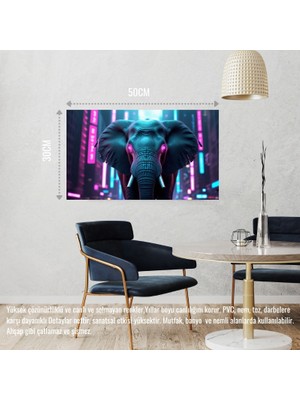 Siber Punk Dünyasında Heybetli Duran Fil Neon Işıklar Altında 04 Çerçevesiz 50X30 cm Pvc Tablo