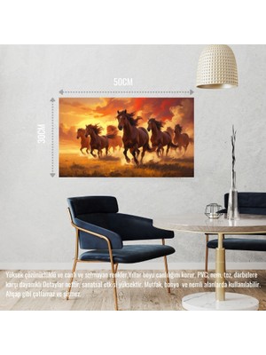Yabani Atlar Gün Batımında Çayırda Koşuyor 02 Çerçevesiz 50X30 cm Pvc Tablo