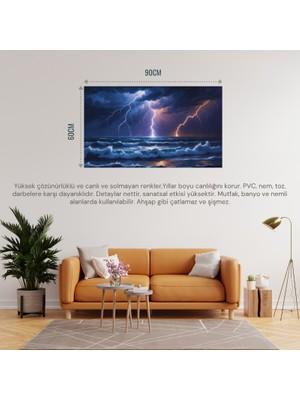 Doğa ve Manzara Yatay Okyanus Üzerindeki Şimşek Fırtınası 01 Çerçevesiz 90X60CM Pvc Tablo