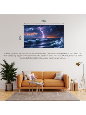 Doğa ve Manzara Yatay Okyanus Üzerindeki Şimşek Fırtınası 02 Çerçevesiz 90X60CM Pvc Tablo