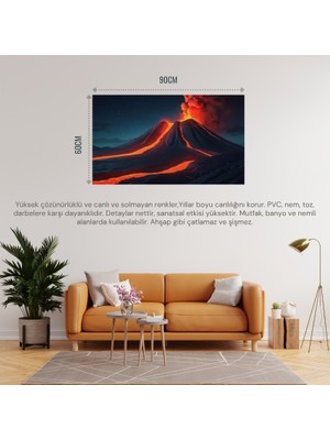 Doğa ve Manzara Yatay Yıldızlı Gecede Parlayan Lavlarla Patlayan Yanardağ 01 Çerçevesiz 90X60CM Pvc Tablo