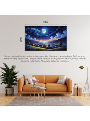 Doğa ve Manzara Yatay Sessiz Bir Köyün Üzerinde Yıldızlı Gece Parlayan Ay 07 Çerçevesiz 90X60CM Pvc Tablo