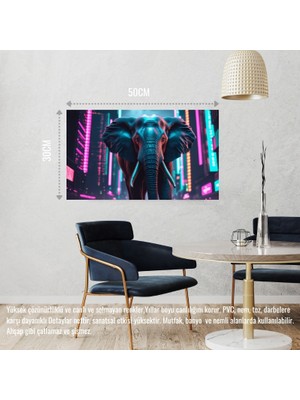 Siber Punk Dünyasında Heybetli Duran Fil Neon Işıklar Altında 02 Çerçevesiz 50X30 cm Pvc Tablo