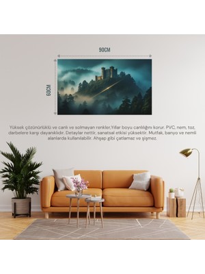 Doğa ve Manzara Yatay Antik Taş Kale Orman ve Sisle Çevrili 01 Çerçevesiz 90X60CM Pvc Tablo