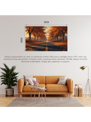 Doğa ve Manzara Yatay Sonbahar Ağaçlarının Arasında Ufka Doğru Uzanan Yalnız Yol 02 Çerçevesiz 90X60CM Pvc Tablo