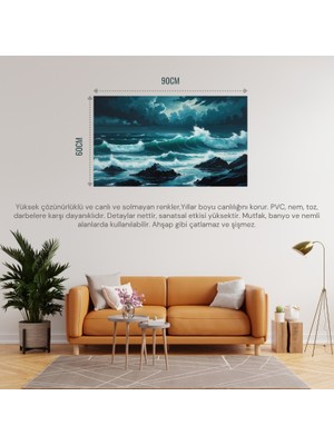 Doğa ve Manzara Yatay Kayalara Çarpan Güçlü Okyanus Dalgaları, Dramatik Gökyüzü 04 Çerçevesiz 90X60CM Pvc Tablo