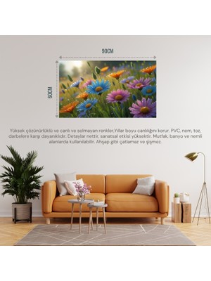 Doğa ve Manzara Yatay Çayırda Rengarenk Kır Çiçekleri Üzerinde Çiyi 03 Çerçevesiz 90X60CM Pvc Tablo