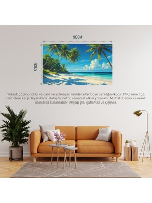 Doğa ve Manzara Yatay Palmiye Ağaçları Turkuaz Deniz Kum ve Huzurlu Berrak Gökyüzü 03 Çerçevesiz 90X60CM Pvc Tablo