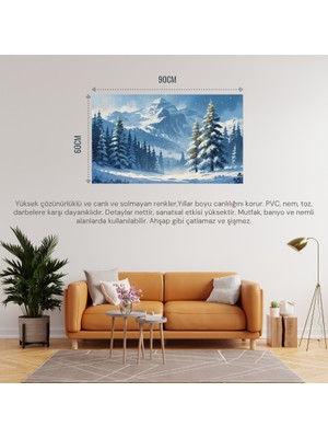 Doğa ve Manzara Yatay Dağ Karla Kaplı Çam Ağaçları Yumuşak Kar Yağışı 02 Çerçevesiz 90X60CM Pcv Tablo