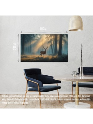 Geyik Sisli Ormanda Huzurlu Atmosfer 05 Çerçevesiz 50X30 cm Pvc Tablo