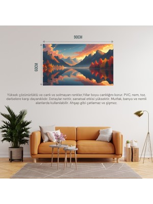 Doğa ve Manzara Yatay Sakin Göl Sonbahar Tonları Gerçekçi Derinliğe Sahip 08 Çerçevesiz 90X60CM Pvc Tablo