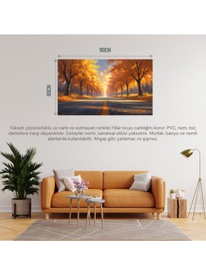 Doğa ve Manzara Yatay Sonbahar Ağaçlarının Arasında Ufka Doğru Uzanan Yalnız Yol 04 Çerçevesiz 90X60CM Pvc Tablo