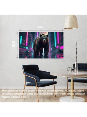 Siber Punk Dünyasında Heybetli Duran Ayı Neon Işıklar Altında 02 Çerçevesiz 50X30 cm Pvc Tablo