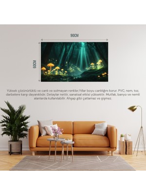 Doğa ve Manzara Yatay Parlayan Mantarlar ve Büyülü Işık Huzmeleri Mistik Orman 05 Çerçevesiz 90X60CM Pvc Tablo