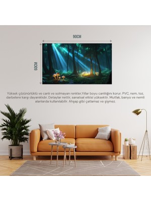 Doğa ve Manzara Yatay Parlayan Mantarlar ve Büyülü Işık Huzmeleri Mistik Orman 03 Çerçevesiz 90X60CM Pvc Tablo