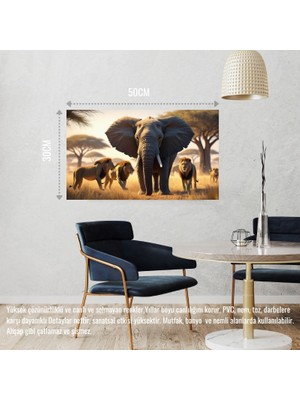 Fil ve Aslanlar Vahşi Doğada 01 Çerçevesiz 50X30 cm Pvc Tablo