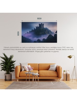 Doğa ve Manzara Yatay Antik Taş Kale Orman ve Sisle Çevrili 03 Çerçevesiz 90X60CM Pvc Tablo