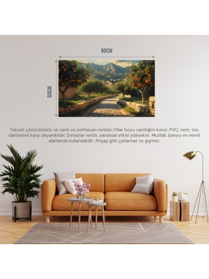 Doğa ve Manzara Yatay Arnavut Kaldırımlı Yol Meyve Ağaçları, Dağlar 01 Çerçevesiz 90X60CM Pvc Tablo