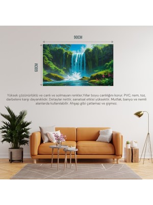 Doğa ve Manzara Yatay Canlı Şelale Yemyeşil Bitki Örtüsü, Su Sıçramaları, Kayalar Parlak Mavi Gökyüzü 08 Çerçevesiz 90X60CM Pvc Tablo