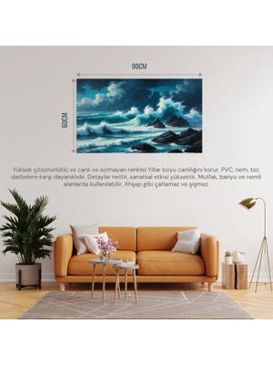 Doğa ve Manzara Yatay Kayalara Çarpan Güçlü Okyanus Dalgaları, Dramatik Gökyüzü 08 Çerçevesiz 90X60CM Pvc Tablo