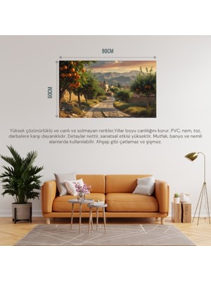 Doğa ve Manzara Yatay Arnavut Kaldırımlı Yol Meyve Ağaçları, Dağlar 05 Çerçevesiz 90X60CM Pvc Tablo