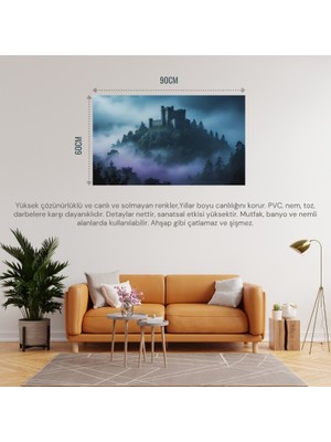 Doğa ve Manzara Yatay Antik Taş Kale Orman ve Sisle Çevrili 02 Çerçevesiz 90X60CM Pvc Tablo