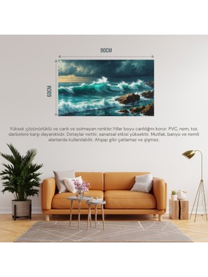 Doğa ve Manzara Yatay Kayalara Çarpan Güçlü Okyanus Dalgaları, Dramatik Gökyüzü 02 Çerçevesiz 90X60CM Pvc Tablo