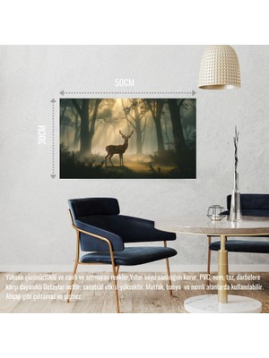 Geyik Sisli Ormanda Huzurlu Atmosfer 01 Çerçevesiz 50X30 cm Pvc Tablo