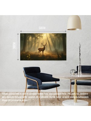 Geyik Sisli Ormanda Huzurlu Atmosfer 02 Çerçevesiz 50X30 cm Pvc Tablo