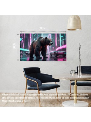 Siber Punk Dünyasında Heybetli Duran Ayı Neon Işıklar Altında 06 Çerçevesiz 50X30 cm Pvc Tablo