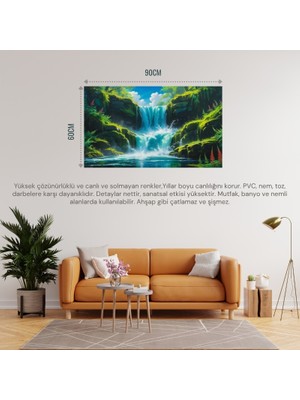 Doğa ve Manzara Yatay Canlı Şelale Yemyeşil Bitki Örtüsü, Su Sıçramaları, Kayalar Parlak Mavi Gökyüzü 06 Çerçevesiz 90X60CM Pvc Tablo