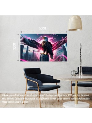 Kartal Fütüristik Bir Şehirde Neon Parıltı Stili 01 Çerçevesiz 50X30 cm Pvc Tablo