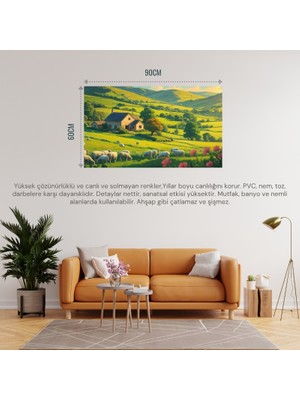 Doğa ve Manzara Yatay Küçük Çiftlik Evi Yeşil Tepeler, Çiçek Açmış Tarlalar Doğa ve Huzur 04 Çerçevesiz 90X60CM Pvc Tablo