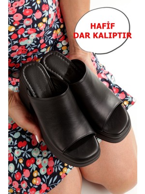 Forela Siyah Hakiki Deri Kalın Taban Yüksek Platform Terlik