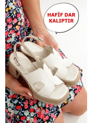 Nadiya Kırık Beyaz Rengi Hakiki Deri Yüksek Kalın Platform Topuklu Kadın Ayakkabı