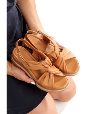 Linyas Taba Hakiki Deri Yazlık Sandalet Dolgu Topuklu Cırtlı Ayakkabı