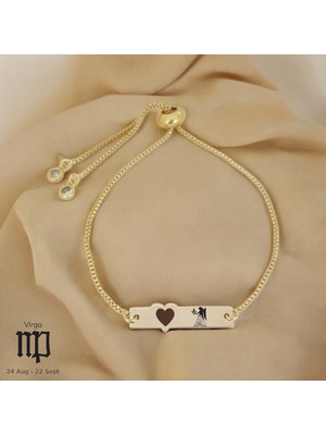 Altın Plakalı 14 Ayar Başak Burçlarına Özel Zincirli Kalp Motifli Hediye BILEKLIK-432BURÇ