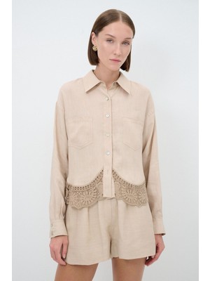 adL Bej Uzun Kol Dantel Detaylı Gömlek 13043521000