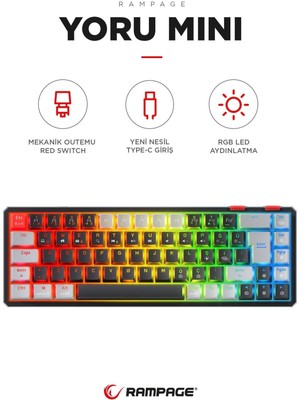 Rampage Yoru Mini Siyah/gri Type-C Bağlantılı Outemu Red Swich Q Mekanik Gaming Oyuncu Klavye Rgb