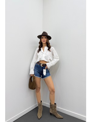 Poker Orta Kot Mavi Yüksek Bel Mini Kot Şort