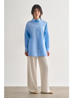 Mizalle Premium Saf Pamuk Açık Mavi Oversize Gömlek