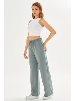 Kadın Modal Kumaş Rahat Kalıp Geniş Paça Eşofman Altı Yeşil 8101-Y