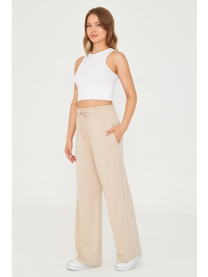Kadın Modal Kumaş Rahat Kalıp Geniş Paça Eşofman Altı Bej 8101-B